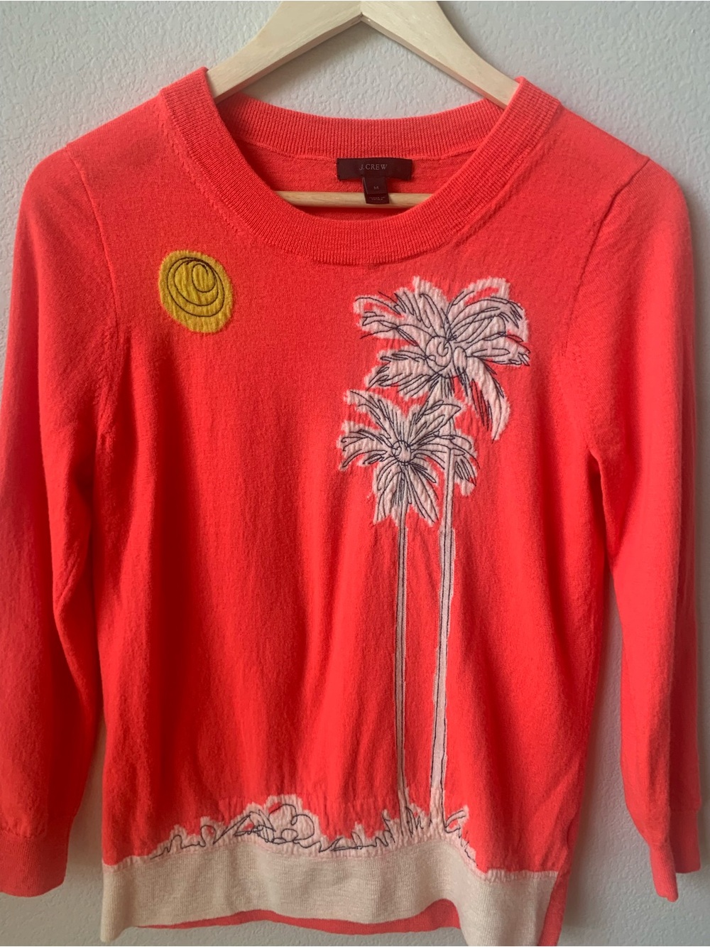 J. Crew Coral Palm Tree Embroidered Knit Sweater